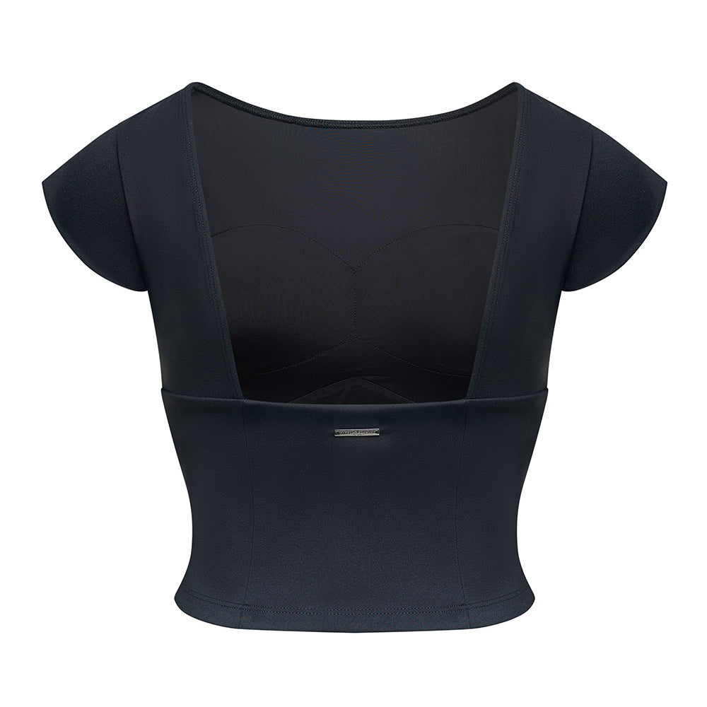 
                      
                        The back of the Camden Square Neck Backless Top, featuring a low scoop back and metal Stretch Studio Lon detailing.
                      
                    