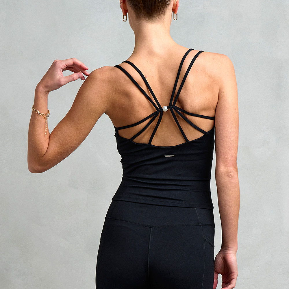 
                      
                        Back detailing of the Richmond Square Neck Pearl Cross Back Top, showcasing delicate straps and an elegant pearl embellishment.
                      
                    