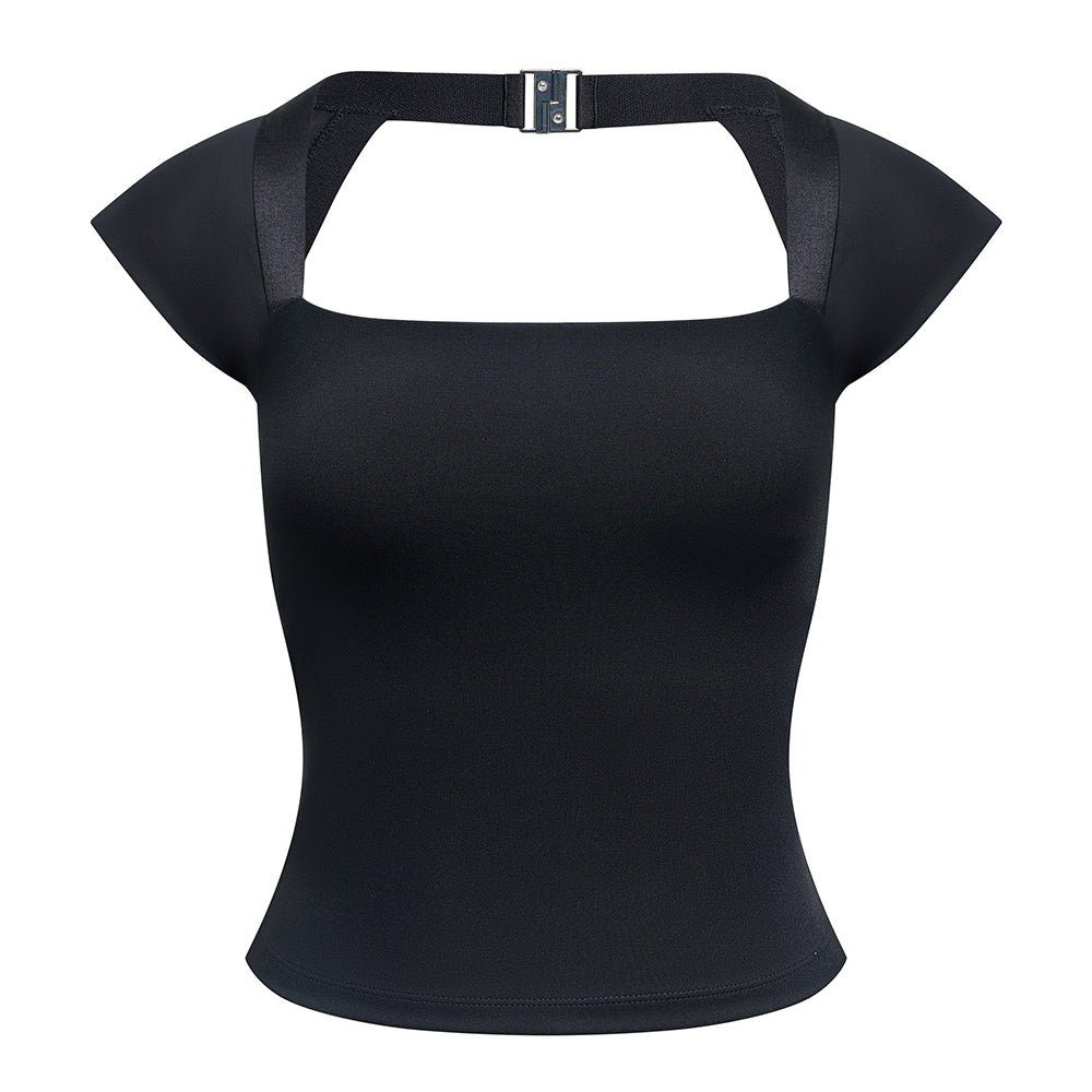 
                      
                        Front view of the Sloane Mesh Cap Sleeve Top from Stretch Studio London, shown on a white background. 
                      
                    