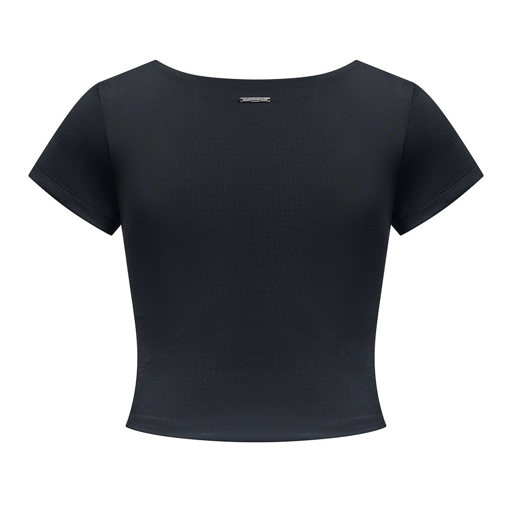 
                      
                        The back of the Westminster Gathered Cap Sleeve Top shown on a white background, with metal logo detailing to the back of the neck.
                      
                    