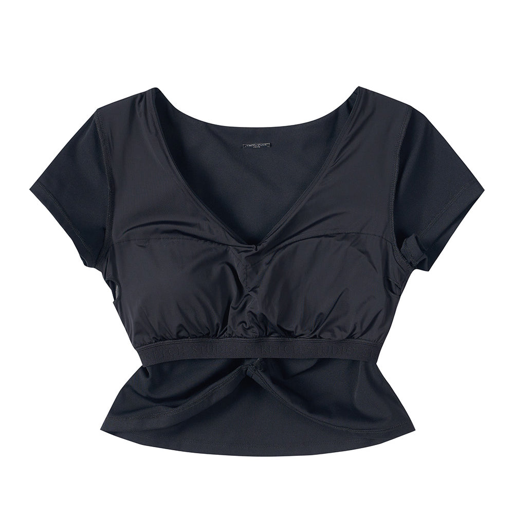 
                      
                        The inside of the Westminster Gathered Cap Sleeve Top, showcasing the internal bra structure designed to sculpt and enhance the natural form of the body. 
                      
                    